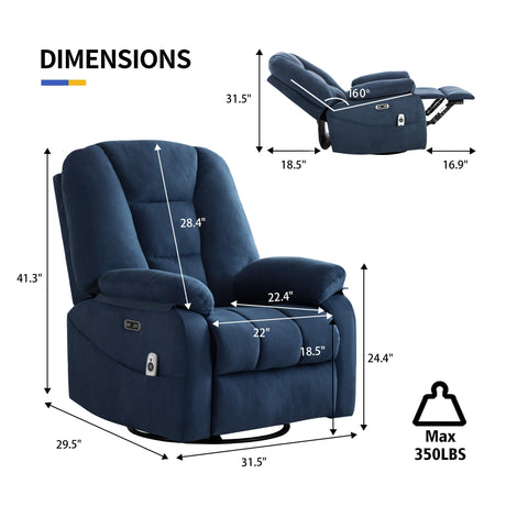 Sftaiyou Power Swivel Rocker Recliner Chair for Adults,Rocking Recliners Chairs with Massage and Heat for Living Room, Electric Fabric Reclining Sofa Chair with USB and Type-C Port (Blue) Sftaiyou
