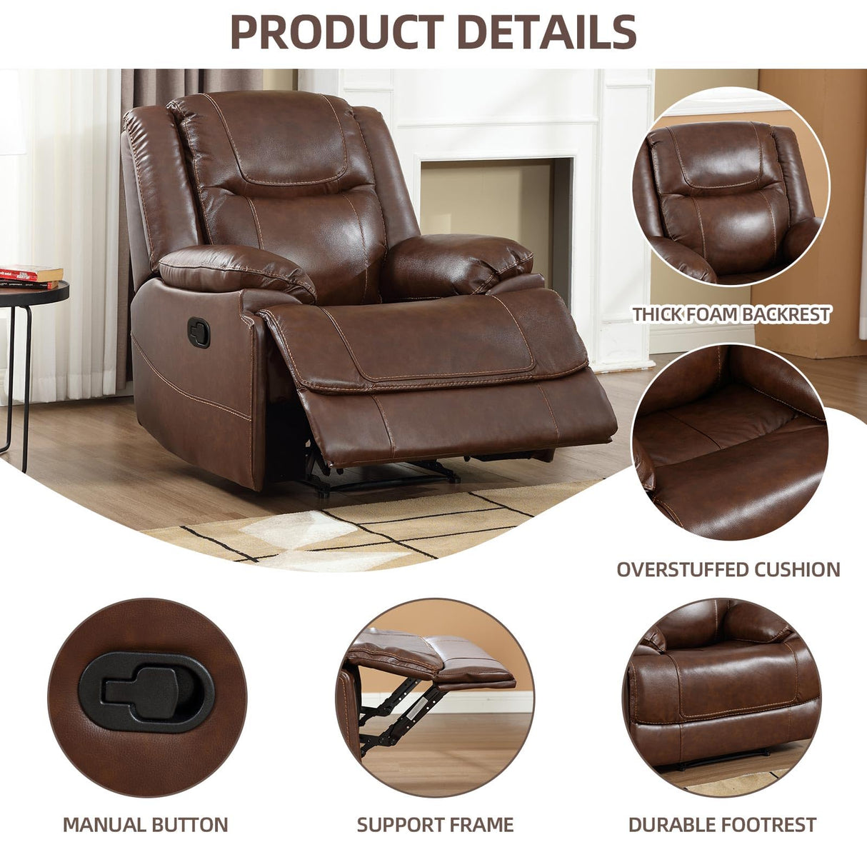 EBELLO Genuine Leather Manual Recliner Chair, Reclining Sofa Chair Couch for Living Room, Overstuffed Armrest and Padded Seat, Bedroom Furniture, Meeting Room, Brown EBELLO