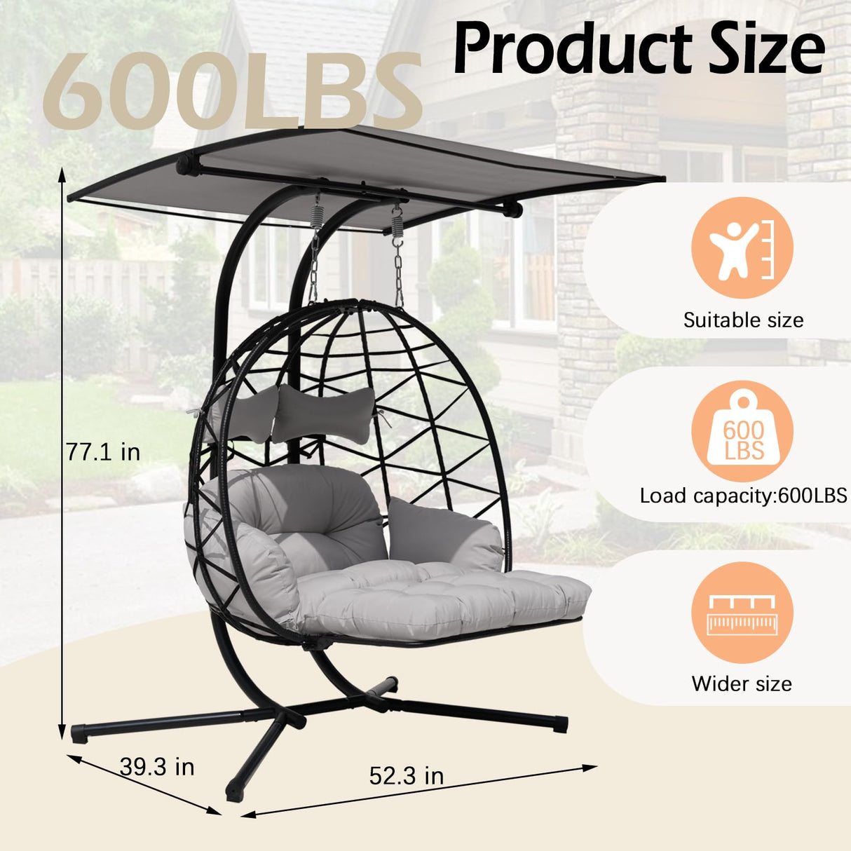 Double Egg Chair Outdoor with Stand & Adjustable Canopy, Extra Large 2 Person Patio Egg Chair with Leg Rests, Hanging Swing Chair with Thickened Cushion, Swinging Love Seat for Outdoor Patio (HQH) VIXLON