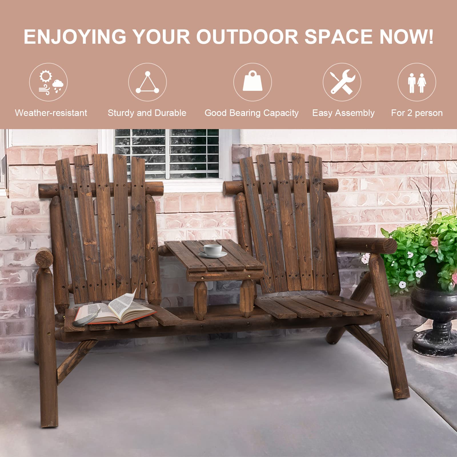 Outsunny 2-Seat Wooden Adirondack Chair, Patio Bench with Table, Outdoor Loveseat Fire Pit Chair for Porch, Backyard, Deck, Carbonized - WoodArtSupply