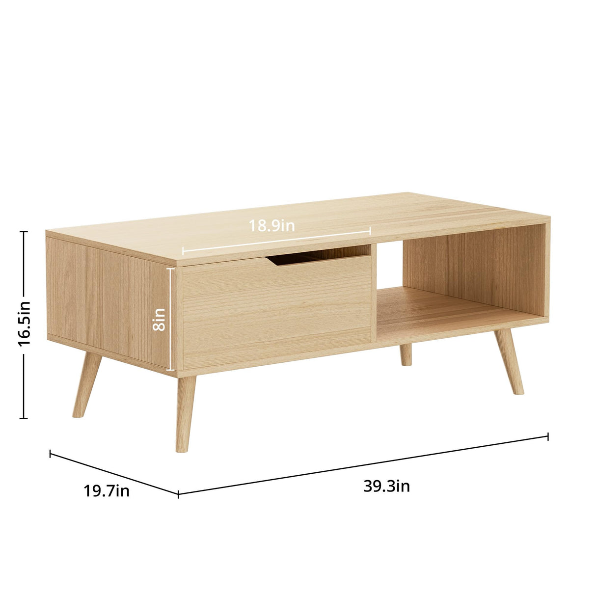 DIYART Oak Coffee Table, Mid Century Modern Coffee Table with Drawer & Shelf, 39'' Wooden Simple Console Table for Living Room DIYART