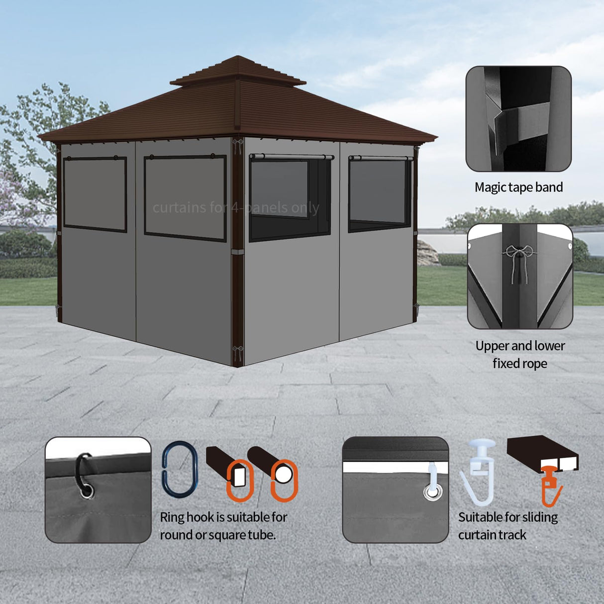 Homegroove Gazebo Universal Replacement Privacy Curtain, 12'x12' Gazebo Curtains Outdoor Waterproof, 4-Panels Sidewall Curtains with Zipper and Mesh Windows for Backyard, Garden, Yard homegroove