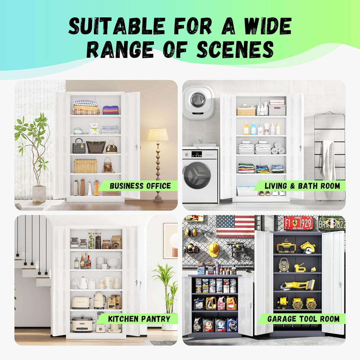 SUNCROWN Metal Storage Cabinets with Lock, Tool Cabinet, 72" Locking Steel Storage, Tall Locker Organizer Garage Cabinets with 2 Doors and 4 Shelves for Home,Office,Warehouse,Garage,School(White) SUNCROWN