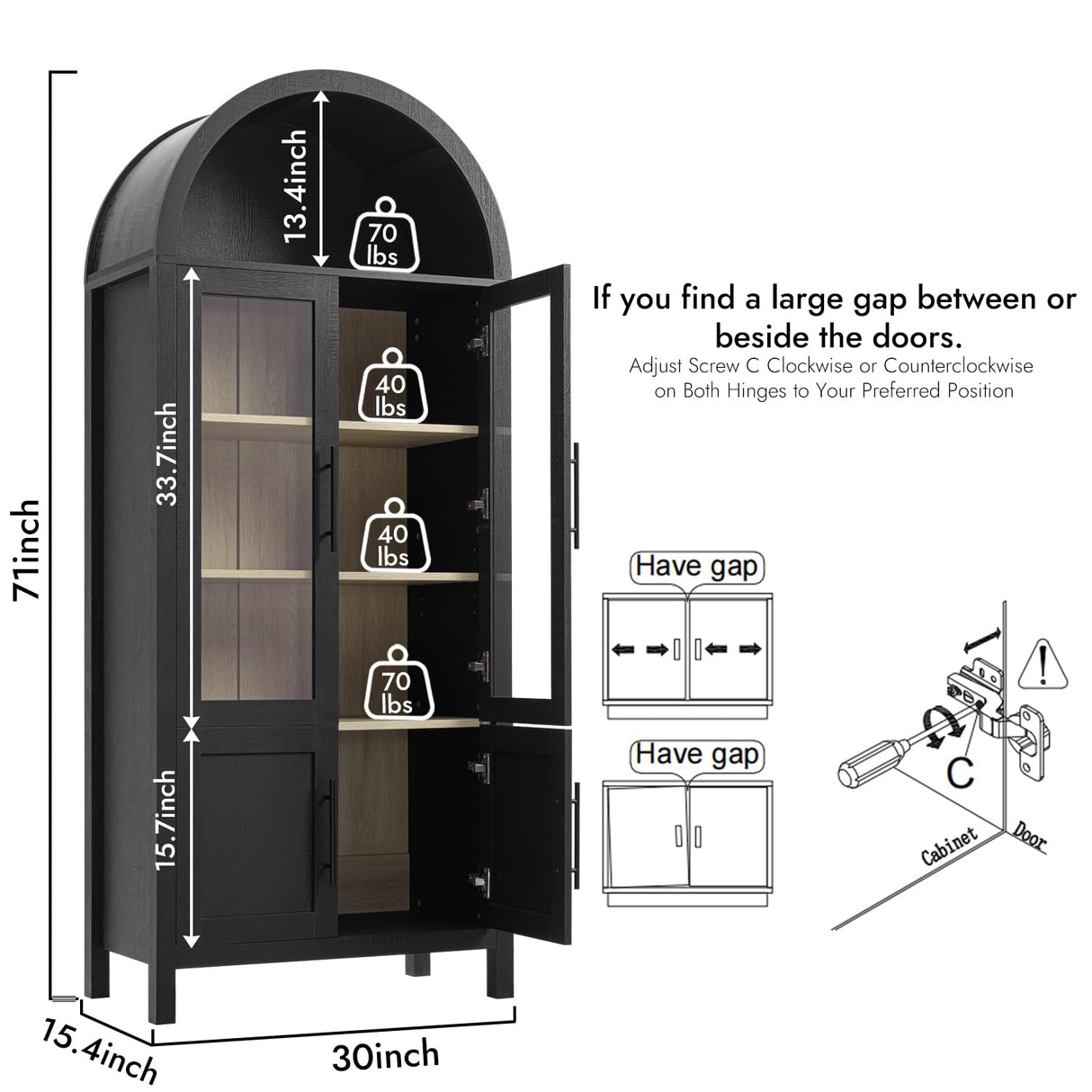 WINWY 71" Tall Arched Display Cabinet, 5-Tier Bookshelf Modern Farmhouse Arched Bookcase with Glass Doors and Shelves, Wooden Pantry Storage Cabinet for Living Room, Office and Kitchen, Black WINWY