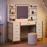 Rolanstar Vanity Desk with Lighted Mirror & Power Outlet, Makeup Vanity with 7 Fabric Drawers, 6 Storage Shelves & 3 Lighting Modes, Dressing Table for Bedroom, Girls, Women, White and Gold Rolanstar