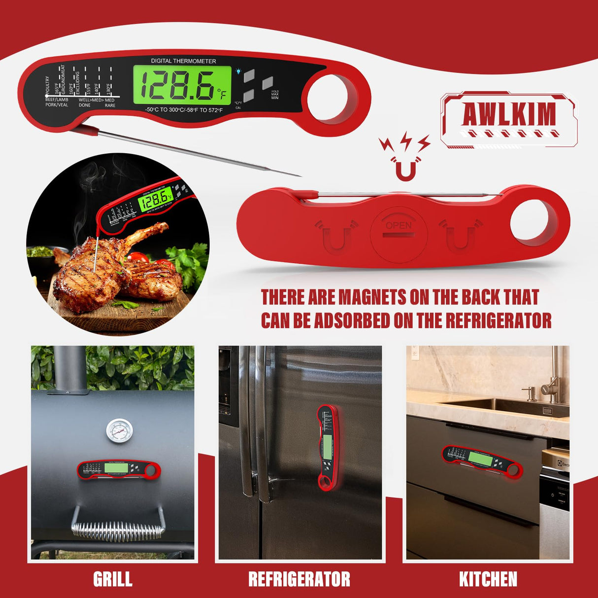 AWLKIM Digital Meat Thermometer for Cooking - Waterproof Kitchen Thermometer with Backlight and Hold, Fast Instant Read Food Thermometer, Candy Making, Outside Grill, Stocking Stuffers for Adult Men AWLKIM