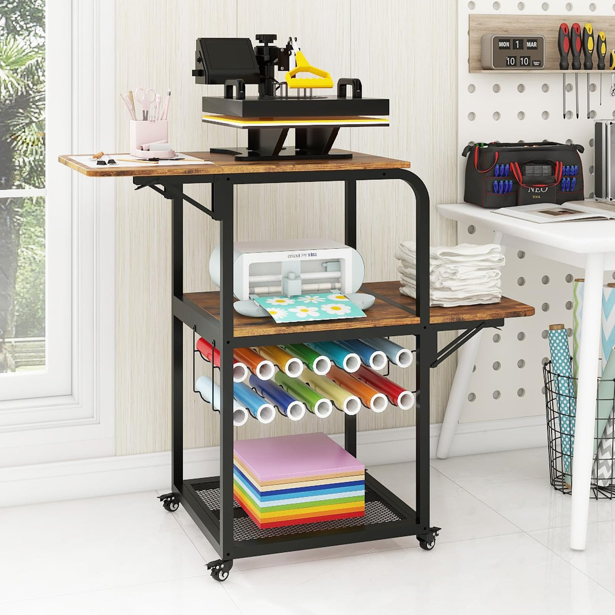 PUNCIA Movable Heat Press Table with Vinyl Roll Holder Table for Heat Press with Folding Shelf DIY Sublimation Transfer Machine Workbench with Storage Rolling Craft Table Heat Press Cart with Wheels PUNCIA