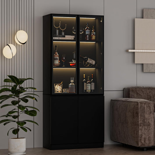 MAISONARIA Display Cabinet with Glass Doors & Lights, Curio Cabinet with 2 Shelves, Glass Display Cabinet for Living Room, Home Office, Bedroom, Black