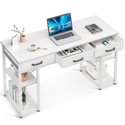 Modern White Office Desk with Fabric Drawers and Storage Shelves by ODK - WoodArtSupply