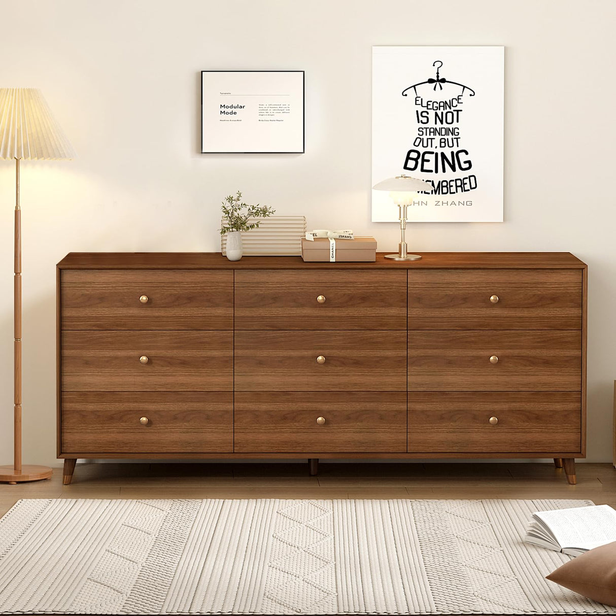Messenya Mid Century Modern 9-Drawer Dresser, 63 Inch Wide Solid Wood Frame Chest, Walnut Finish, Beveled Design, Heavy-Duty Drawer Glides, Storage Cabinet for Bedroom, Living Room, TV Stand Messenya