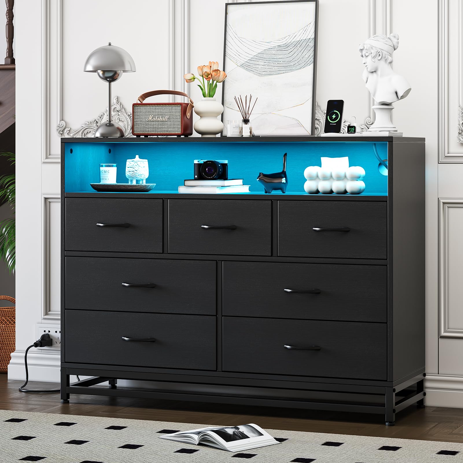 Black Dresser for Bedroom, Modern 7 Drawers Long Dresser with Charging Station and LED Lights Design, Wooden Large Capacity Storage Chest of Drawers, Wide Dresser for Living Room, Hallway - WoodArtSupply