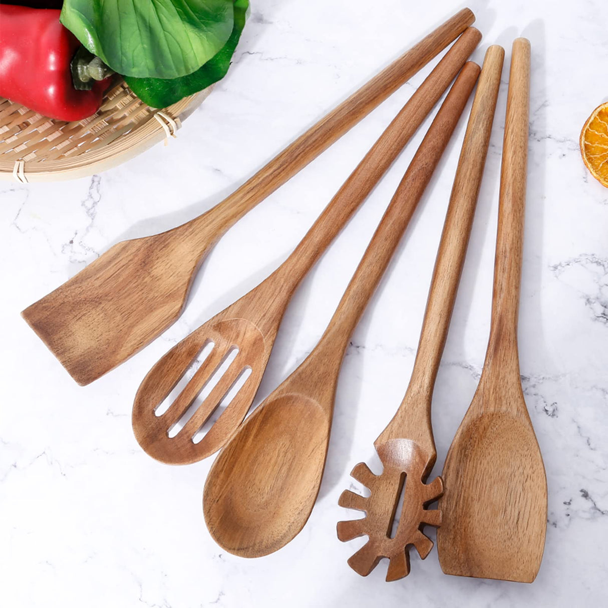 Exquisite Wooden Cooking Utensils For Kitchen, Set Of 5, 12 Inch Acacia Wood Kitchenware Tool Set, Cooking Gadgets Includes Spoon, Spoon Spatula, Spaghetti Spoon, Slotted Spoon, Shovel Decent Vrvege