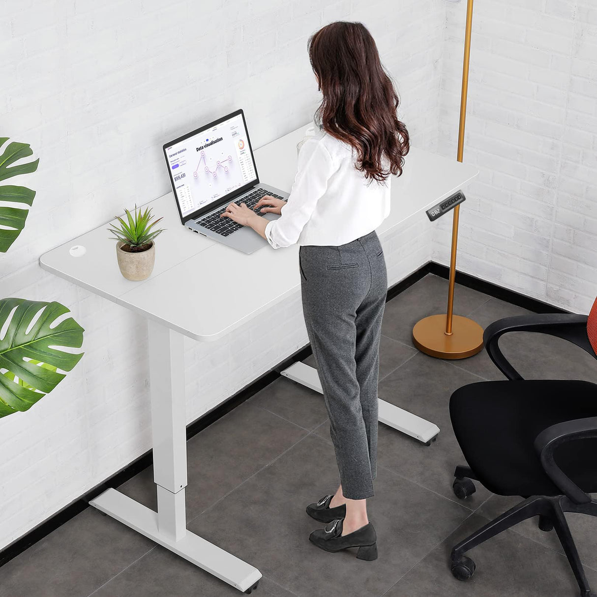 farexon Electric Standing Desk Adjustable Height, 48x24 Inches Stand Up Desk with 4 Preset Heights, Lockable Casters, Double Hooks,27.5''-46.5'' Lifting Range Home Office Computer Desk（White） farexon