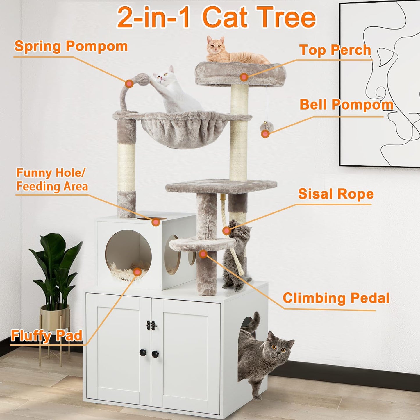 Timberer Cat Tree with Litter Box Enclosure, 2-in-1 Cat Tower for Indoor Cats, Large Cat Furniture, Wood Cat Condo with Basket, Scratching Posts, Pompoms, White - WoodArtSupply