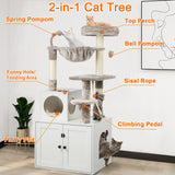 Timberer Cat Tree with Litter Box Enclosure, 2-in-1 Cat Tower for Indoor Cats, Large Cat Furniture, Wood Cat Condo with Basket, Scratching Posts, Pompoms, White Timberer