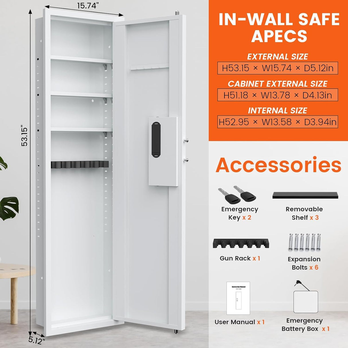 53" Tall Hidden Wall Safe with Fingerprint Lock - Fireproof & Waterproof, Dual Alarm System, 3 Adjustable Shelves, Magnetic Slot & Key Hooks - Modern White Steel Construction opentiny