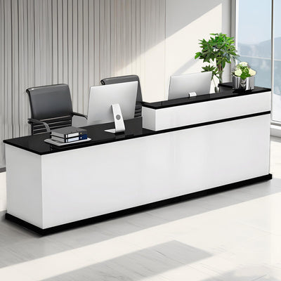 Huariifowm Modern Reception Desk Counter with with Counter & Lockable Srotage Drawers Office Wooden Front Desk with Keyboard Holder for Office (Pure White+Black/Left, 87" L*24" W*39" H)