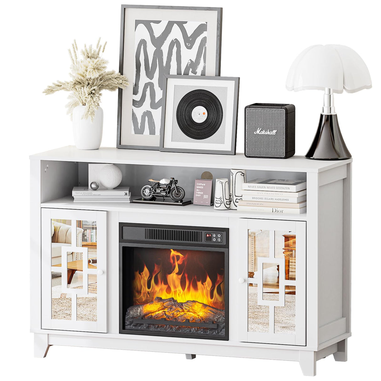 VINGLI Mirrored Fireplace TV Stand, Farmhouse Modern Entertainment Center with Electric Fireplace & Mirror Doors for TVs Up to 60 Inch (White) VINGLI