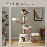 PAWZ Road Cat Tree for Indoor Cats Large Adults, 59 Inches Modern Cat Tower with Large Basket and Hammock, Natural Solid Wood, Luxury Condo & Dual Perches, Modern Cat Furniture for Big Cats, White PAWZ Road