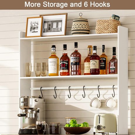 ChooChoo Farmhouse Bakers Rack with Power Outlets and Storage, Coffee Bar Cabinet with Storage, Microwave Stand Kitchen Cabinet with Hutch and 6 Hooks, Soft White & Brown ChooChoo