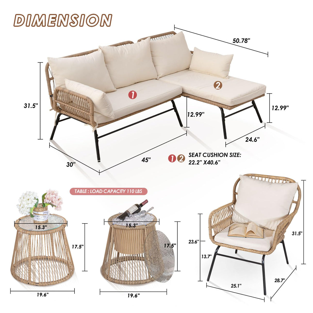 NICESOUL® 6 Pcs Boho Outdoor Small Patio Furniture Lounge Set with Beige Cushion and Round Glass Table with Ice Bucket Natural Color Wicker Conversation Sofa Set for Garden Balcony Deck NICESOUL