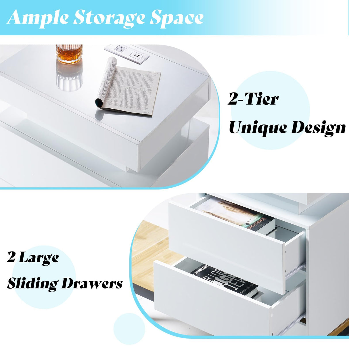 AMERLIFE High Gloss LED Nightstand Set of 2 with Charging Station, Modern Bedside Table Night Stand with LED Lights, Sofa End Side Tables with Drawers for Bedroom Living Room, White AMERLIFE