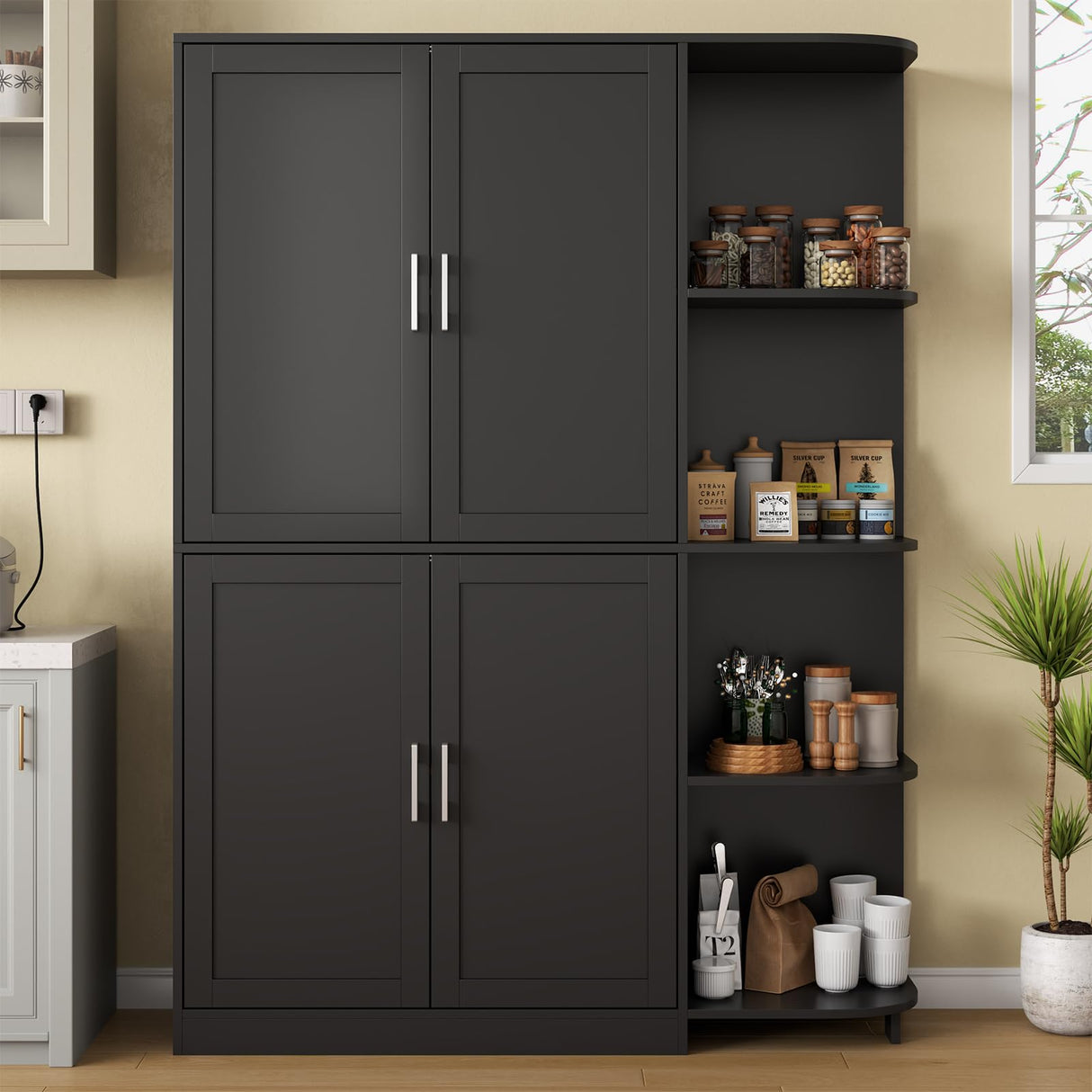 Loomie Kitchen Pantry Storage Cabinet, Food Pantry Cabinet with Doors & Adjustable Shelves, 64" Tall Kitchen Cabinet with 5-Tier External Shelf, Freestanding Cupboard for Kitchen (Black) Loomie