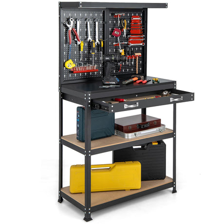 IRONMAX Workbench with Drawers, 32’’ Heavy Duty Workstation Organizer with 14 PCS Hanging Kits, 2 Storage Shelves & Long Drawer, Work Bench Table for Garage, Home, Workshop, Auto Shop, Basement IRONMAX