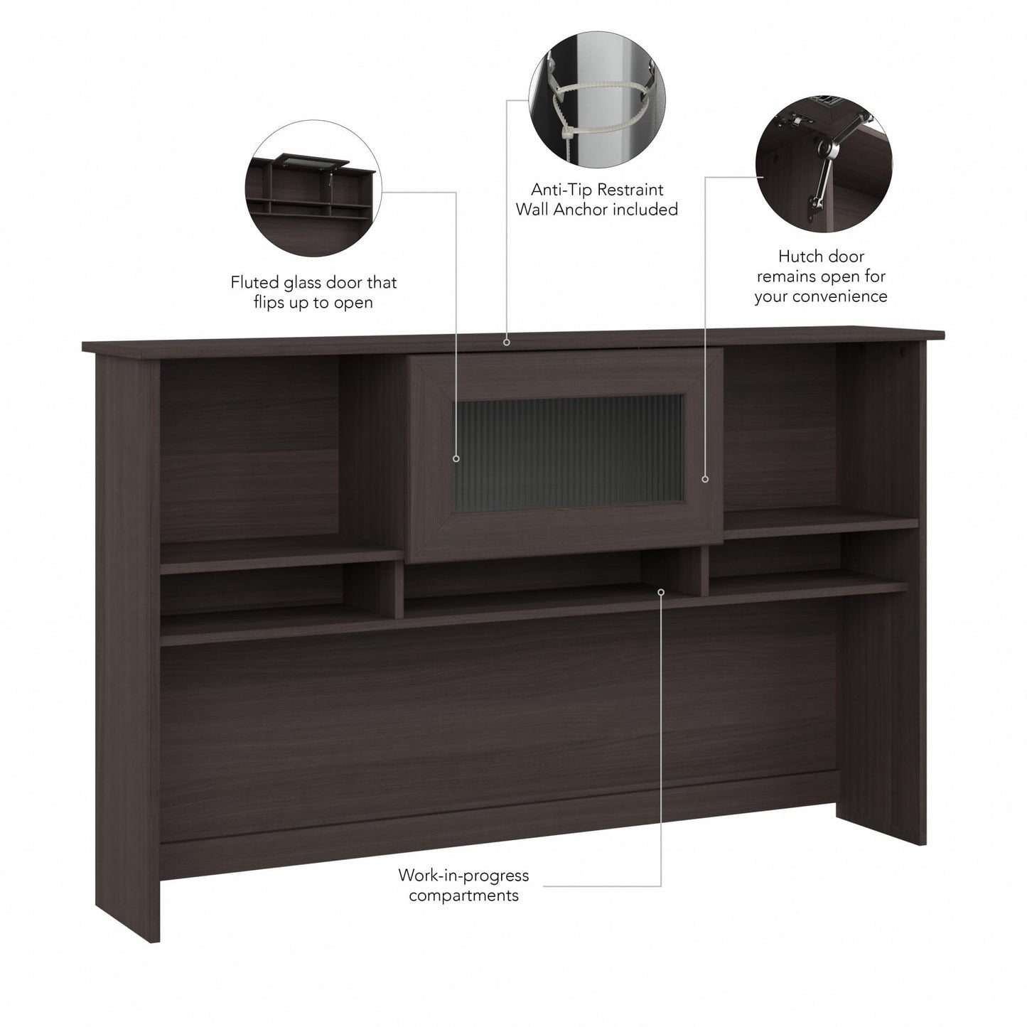 Bush Furniture Cabot 60W Desk Hutch with Shelves and Cabinet in Heather Gray - WoodArtSupply