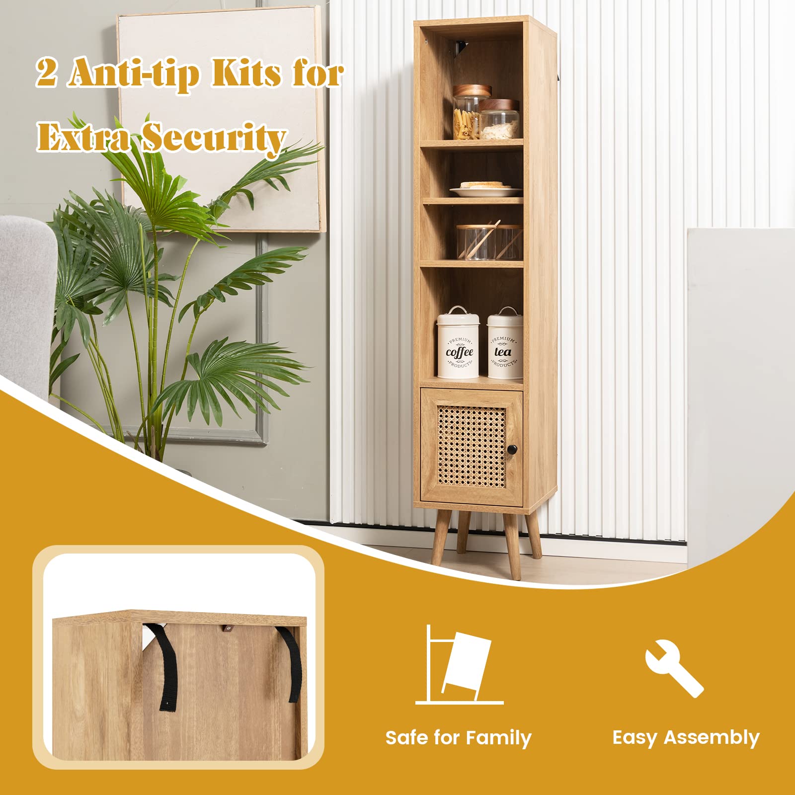 Giantex 54" Tall Slim 4-Tier Bookcase with Rattan Door and Adjustable Shelves - WoodArtSupply