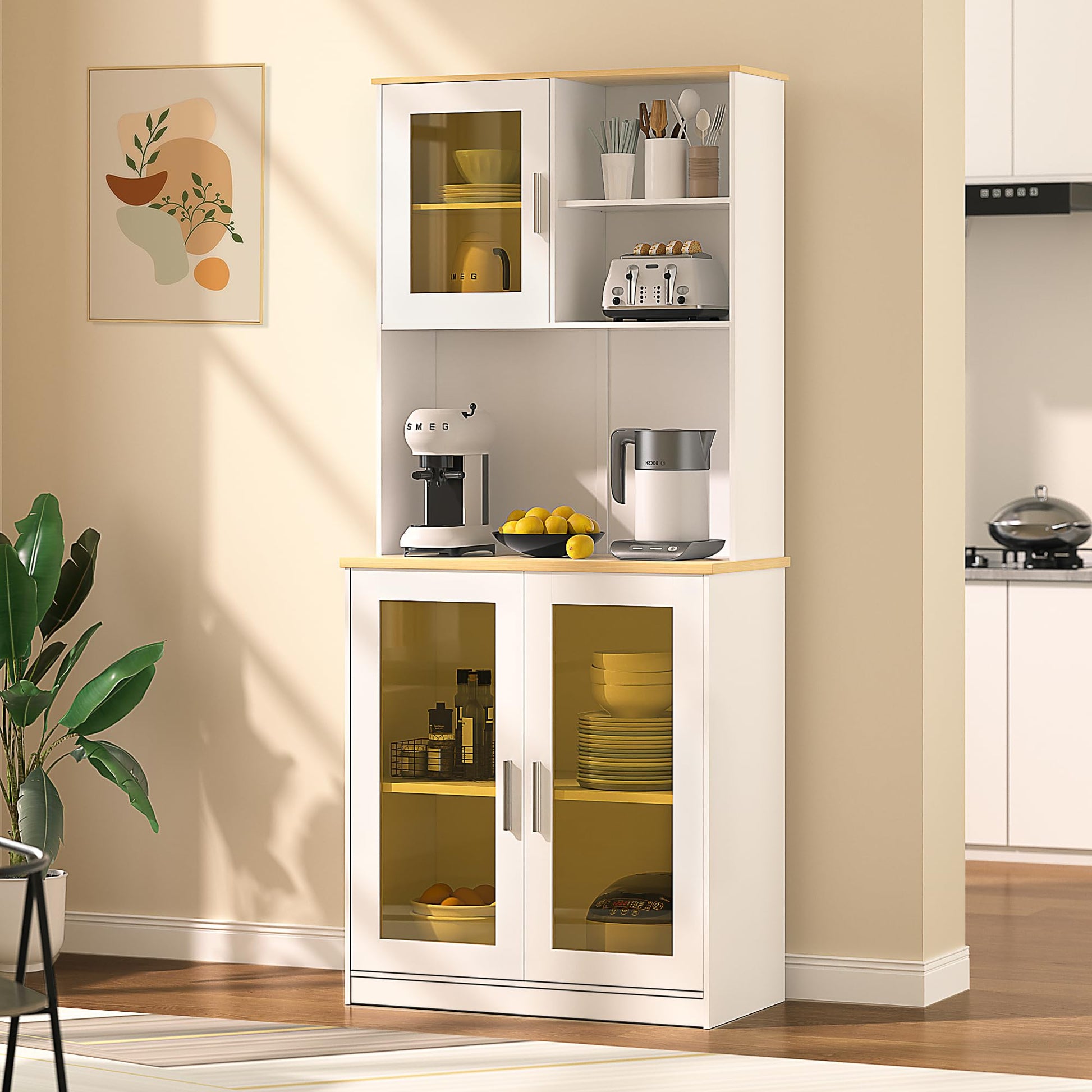 VECELO 72'' Kitchen Pantry Cabinet Free Standing Buffet Hutch with Multi Open Shelves Spacious Countertop and Cupboard, Large Capacity Storage Organizer for Living Dining Room Entryway, White - WoodArtSupply