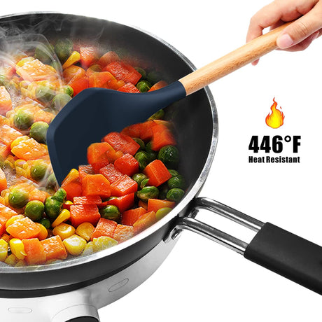 Silicone Cooking Utensils Set - 446°F Heat Resistant Silicone Kitchen Utensils for Cooking,Kitchen Utensil Spatula Set w Wooden Handles and Holder, BPA FREE Gadgets for Non-Stick Cookware (Navy Blue) oannao