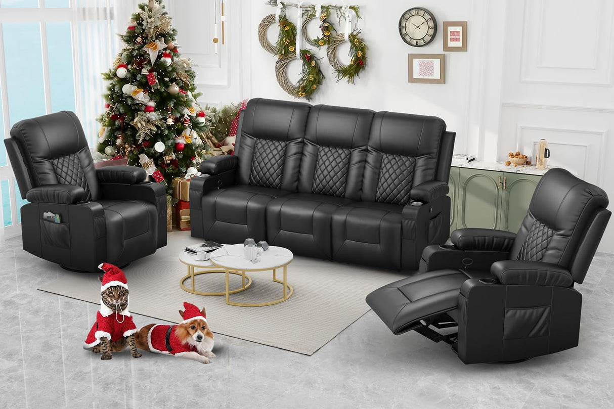 FURNIMAT Recliner Sofa Set with 3+1+1 Pieces in Living Room, 3 Seater Reclining Sofa, 2 Recliner Chair with 360 Degree Swivel Single Sofa Seat FURNIMAT