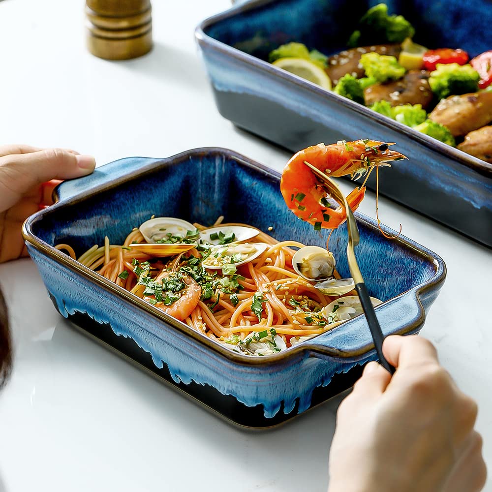 KOOV Bakeware Set, Ceramic Baking Dish Set, Rectangular Casserole Dish Set, lasagna Pan, Baking Pans Set for Cooking, Cake Dinner, Kitchen, 9 x 13 Inches, Reactive Glaze 3-Piece (Nebula Blue) KOOV