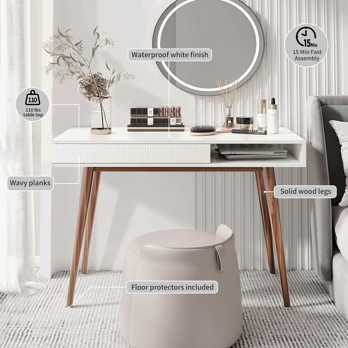 Arts wish White Writing Desk with Drawers Mid Century Modern Desk, Wood Office Desk Computer Desk Vanity Desk for Small Space, White Desk with Walnut Legs Arts wish