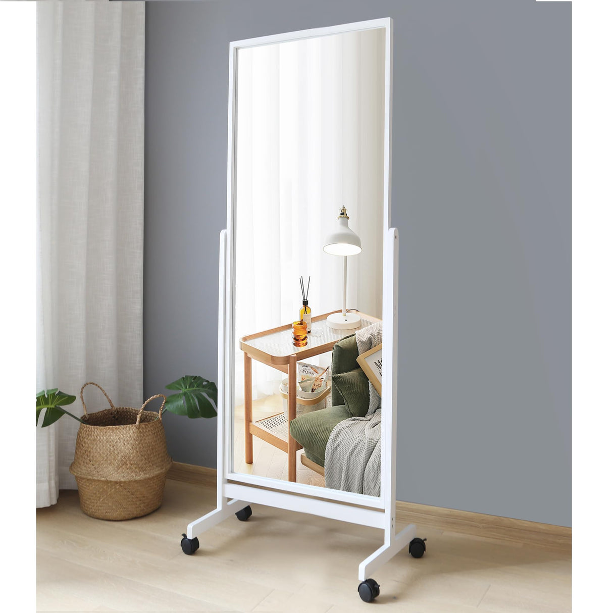AISUNDY Swivel Adjustable Full Length Mirror on Wheels, Pine Wood Frame Cheval Bedroom Floor Mirror Dressing Mirror Body Mirror with Standing Holder (White, 65"x22") AISUNDY