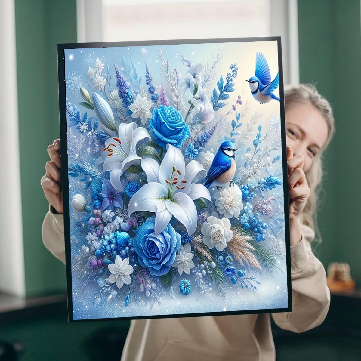 wavaiov 5D Diamond Painting Kits for Adult, Birds Flower Diamond Art Kits for Beginners, DIY Full Drill Floral Diamond Dot Gem Art Kits for Home Decor 12 x 16 Inch wavaiov