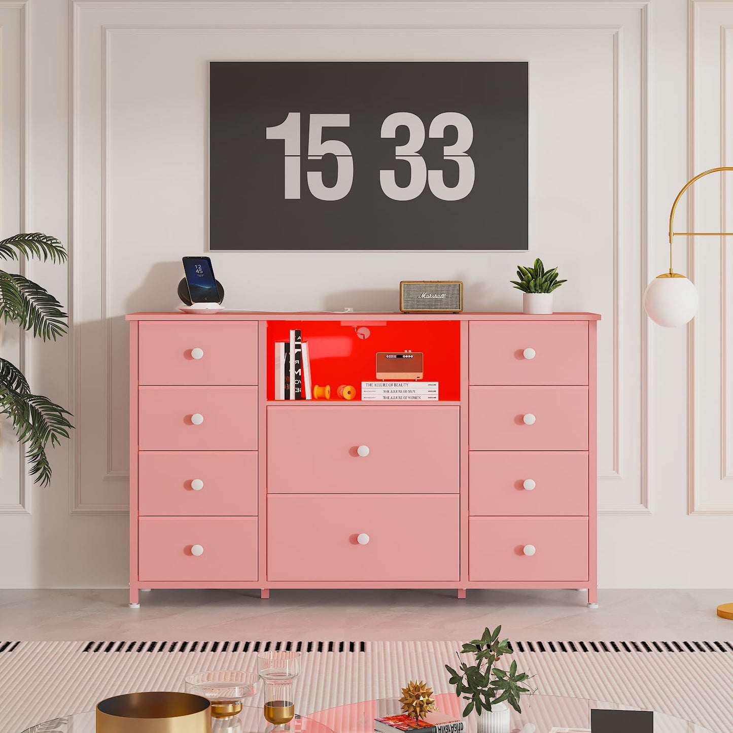 LDTTCUK Dresser with Charging Station and LED Lights, Pink Dresser for Girls Bedroom, Bedroom Long Dresser TV Stand with 10 Drawers, Fabric Wide Dresser Storage Organizer for Hallway, Kids Room