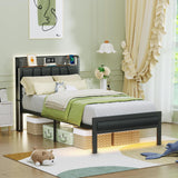 Furnulem Twin Size Bed Frame with LED Lighting, Charging Station, and Upholstered Storage Headboard in Grey Furnulem