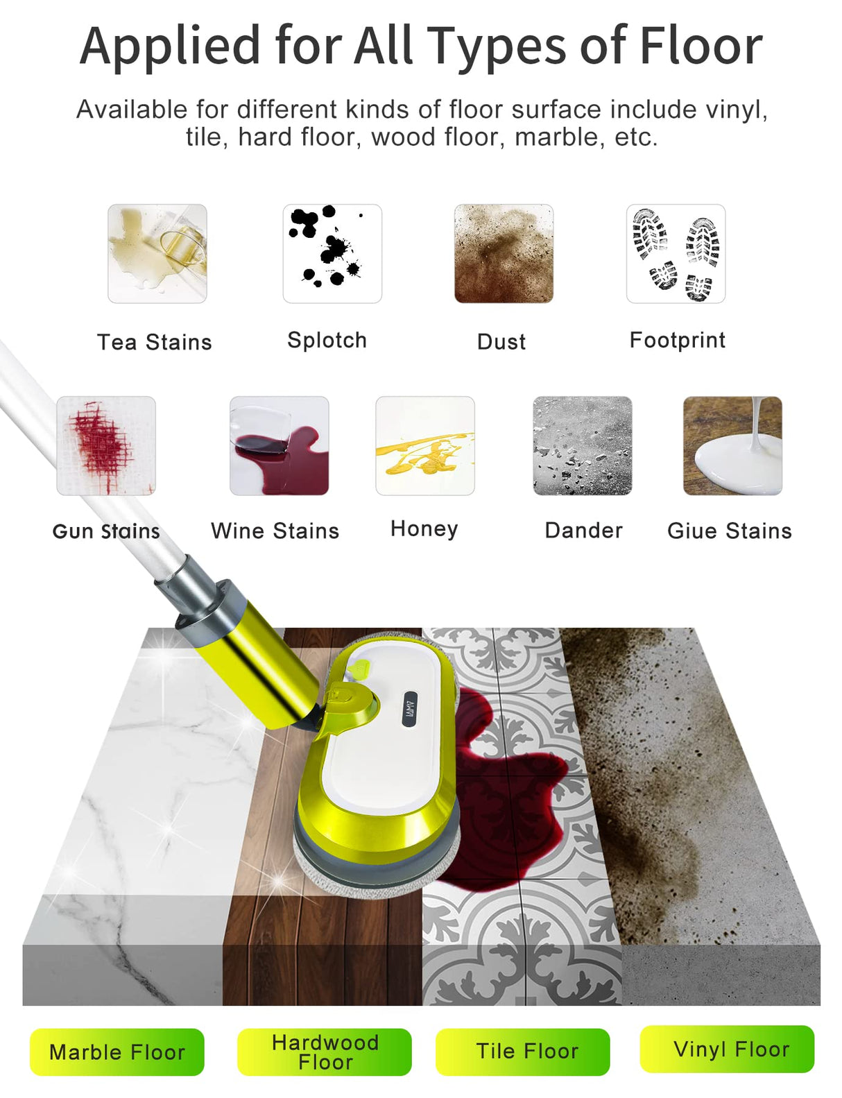 Cordless Electric Mop, Electric Spin Mop with LED Headlight and Water Spray, Up to 60 mins Powerful Floor Cleaner with 300ml Water Tank & Detachable Battery, Super Quiet Cleaning & Waxing VMAI