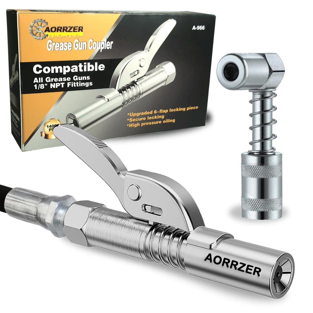 AORRZER 90 Degree Grease Gun Coupler Adapter & Grease Gun Coupler, Grease Gun Tips Locking,Suitable for Grease Fittings in Tight Spaces,Compatible with All Grease Guns 1/8" NPT Grease Gun Fittings AORRZER