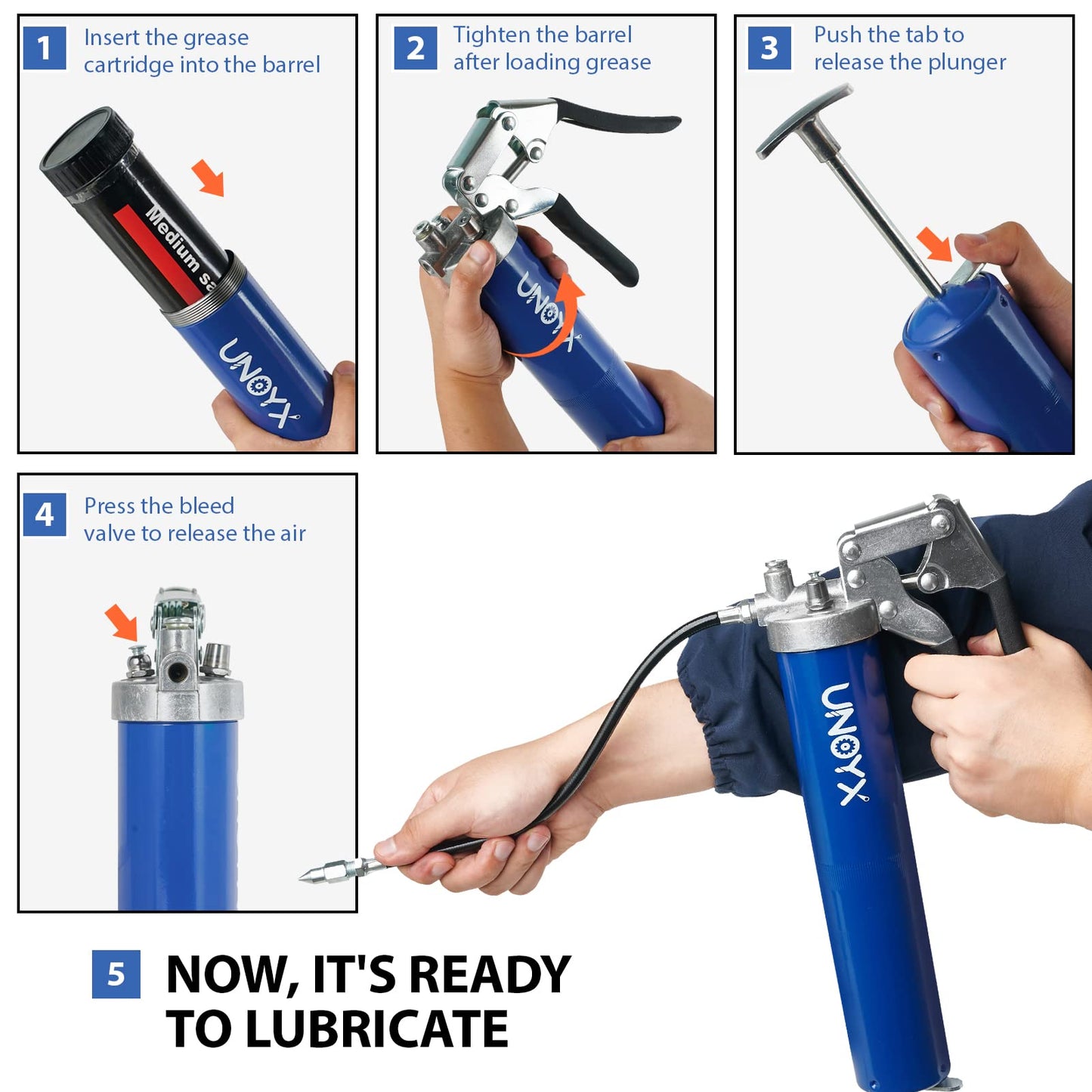 UNOYX 14oz Grease Gun, 6000PSI Heavy Duty Pistol Grip Grease Gun, Car Grease Gun Kit, Standard Coupler and Needle Nose Adapter, for Car Trucks Tractors Marine Bearings - WoodArtSupply