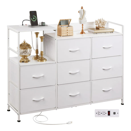 WLIVE White Dresser TV Stand for Bedroom with Charging Station and Open Shelves, Fabric Dresser with 8 Drawers and Wood Top, Wide Storage Chest of Drawers for Living Room, Hallway WLIVE