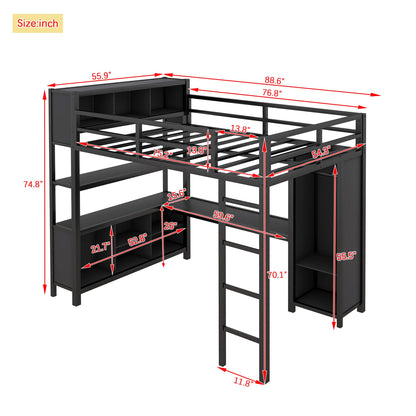 SOFTSEA Full Size Loft Bed with L Shaped Desk, Metal Loft Bed Frame with Wardrobe, Shelves and Storage Cubes, Loft Bed with Guardrails and Ladder, Full Loft Bed for Bedroom Guestroom, Black