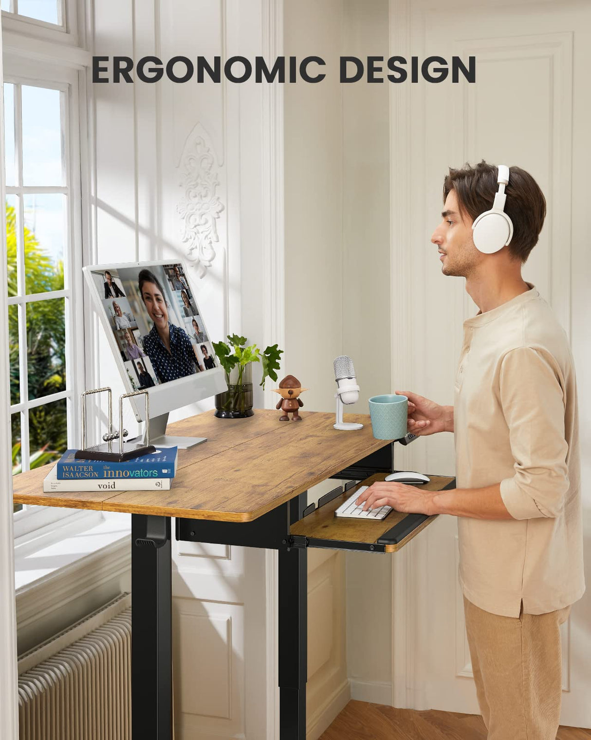 ErGear Large Electric Standing Desk with Keyboard Tray, 63x28 Inches Large Adjustable Height Sit Stand Up Desk, Home Office Desk Computer Workstation, Vintage Brown ErGear