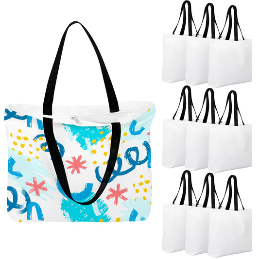 Segarty Sublimation Tote, 10 pack Large White Reusable Women Grocery Bag Blanks with Handle Blank DIY Heat Transfer Canvas Bag with Zipper bulk for Decorating Crafting Gift Travel 12oz