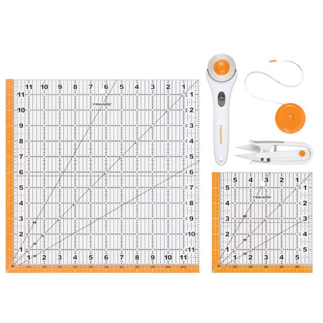 Fiskars Crafts Essentials 5-Piece Set - 45mm Blade Rotary Cutter for Fabric, Self Healing Cutting Mat, and Sewing Ruler - Craft Supplies - White/Gray Fiskars
