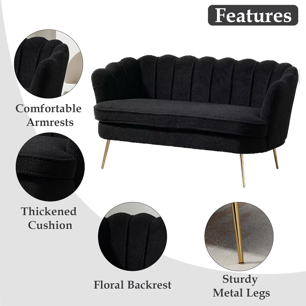 anwickjeff 59" Wide Modern Boucle Loveseat Small Sofa Small Mini Room Couch 2-Seater Sofa with Gold Metal Legs for Space Office Studio Apartment Bedroom (Black) anwickjeff