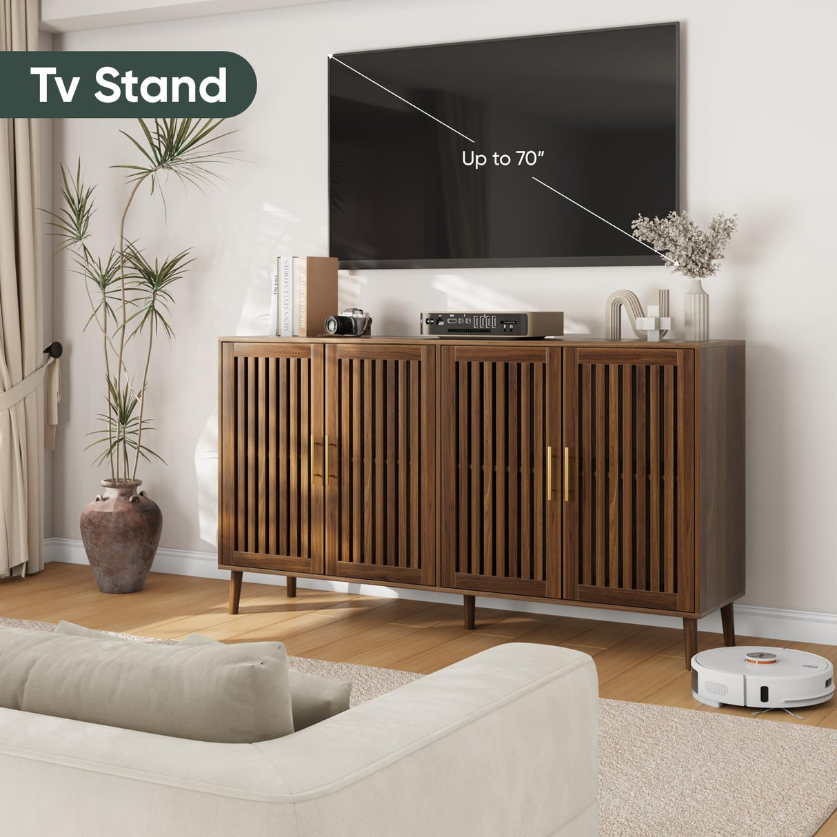Smart FENDEE 63" Long Sideboard Buffet with 4 Louvered Doors, Farmhouse Buffet Storage Cabinet with Gold Handle, Coffee Bar Cabinet for Entryway, Kitchen, Dining Room, Living Room, Walnut Smart FENDEE