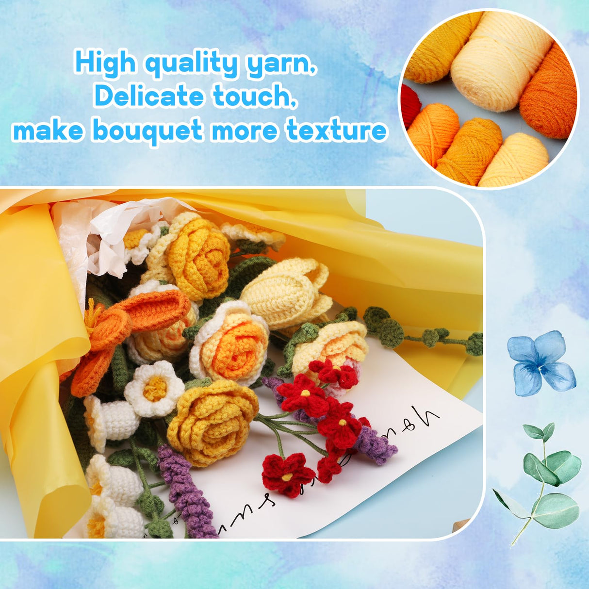 Iuuidu Crochet Kit for Beginners, Flower Bouquet Crochet Kit Rose, Knitting Starter Kit with Crochet Yarn and Step-by-Step Instructions for Birthday, Wedding Anniversary Day Present Iuuidu